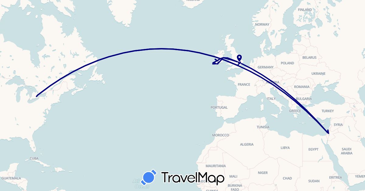 TravelMap itinerary: driving in Canada, United Kingdom, Ireland, Israel (Asia, Europe, North America)